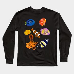 Best fishing gifts for fish lovers 2022. Octopus squid and friends  tropical Coral reef fish rainbow coloured / colored   fish and octopus swimming under the sea Long Sleeve T-Shirt